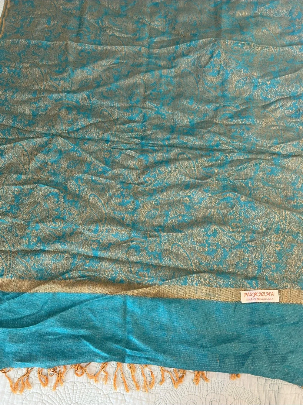 pashmina Teal and Gold Paisley Draped Shawl with Fringe